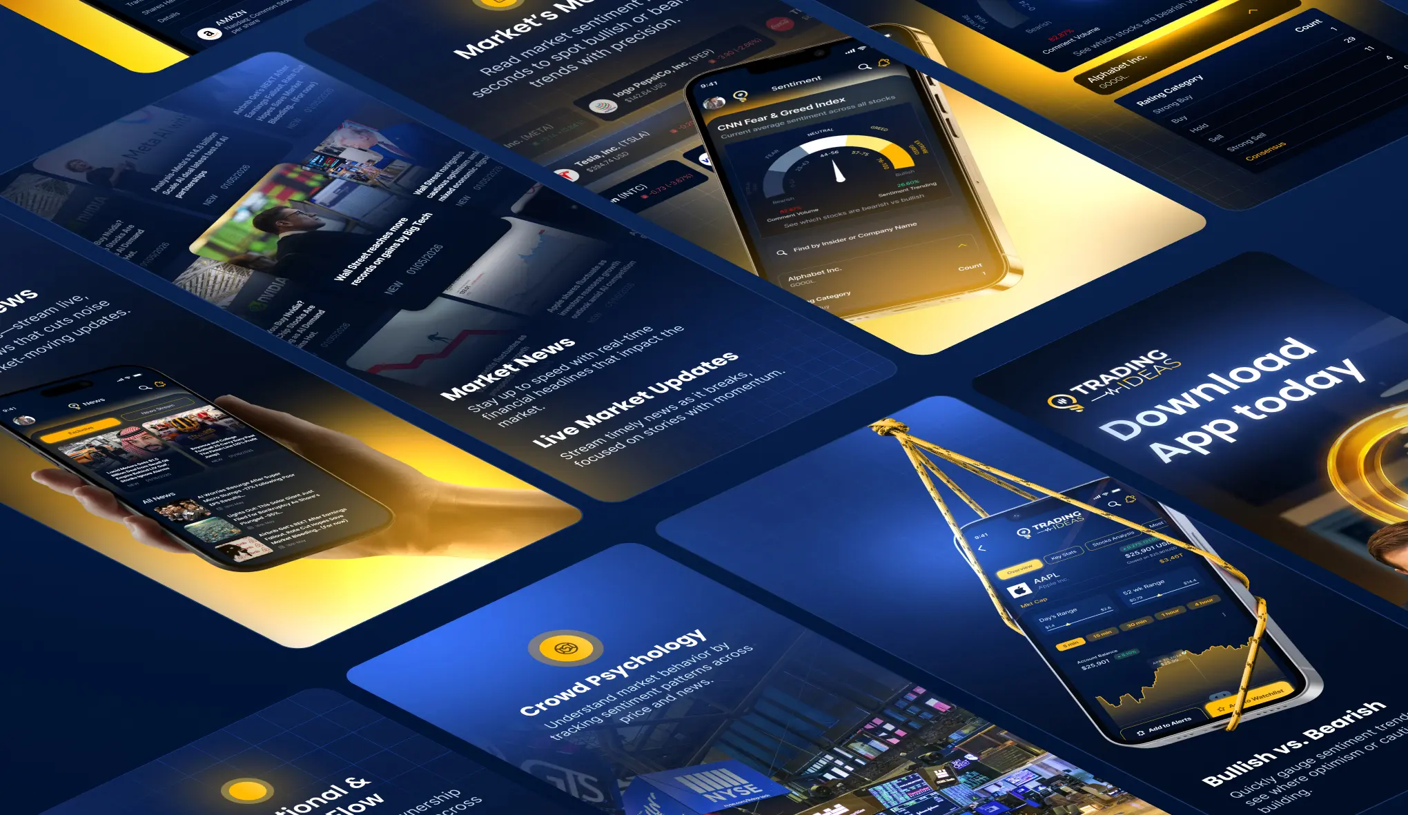 Trading Ideas app screens, isometric collage (part 2)